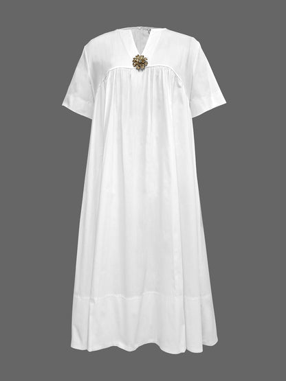 Loose Short Sleeves Solid Color Deep V-Neck Midi Dresses Shirt Dress