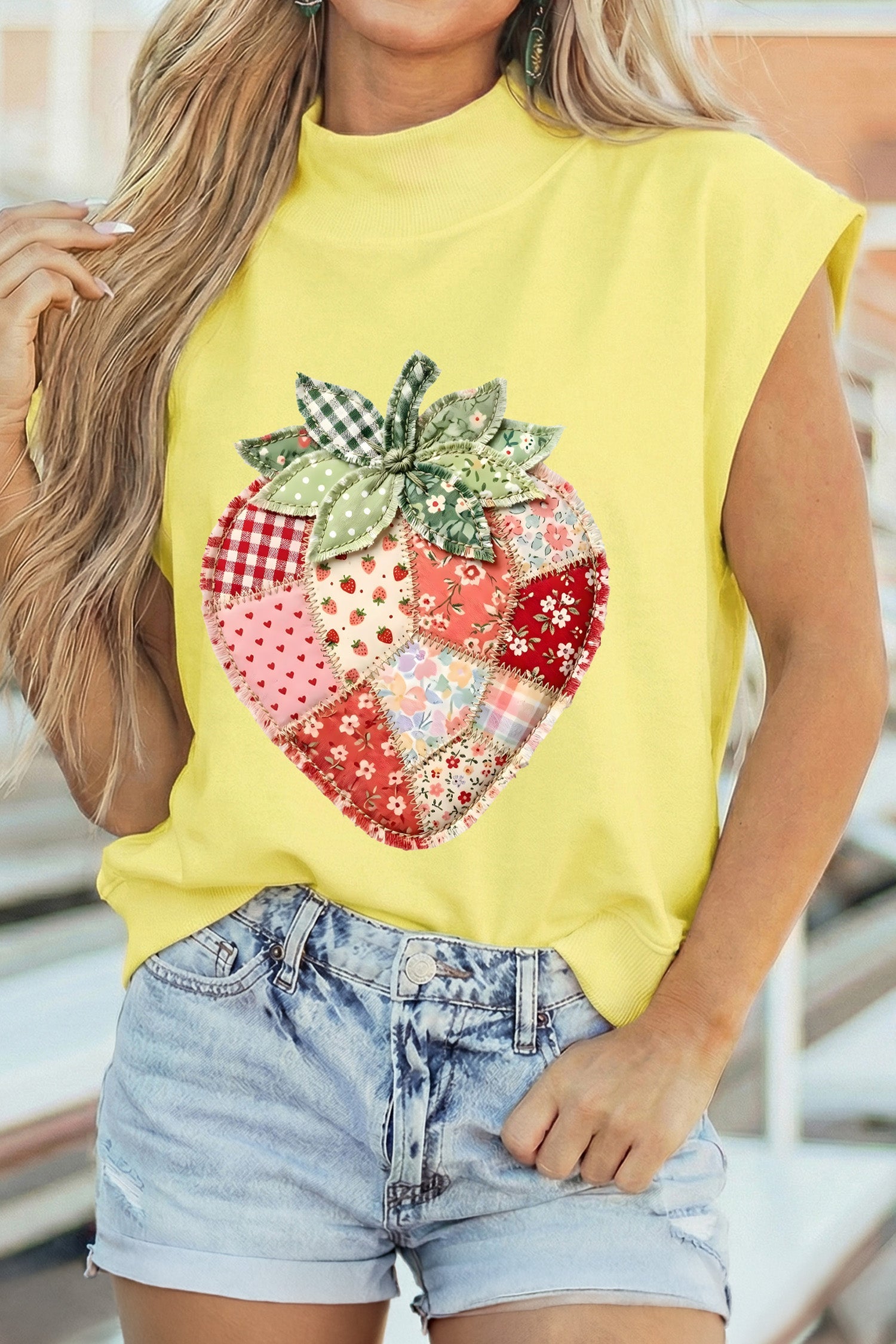 Yellow Faux Patchwork Strawberry Printed Mock Neck Tee