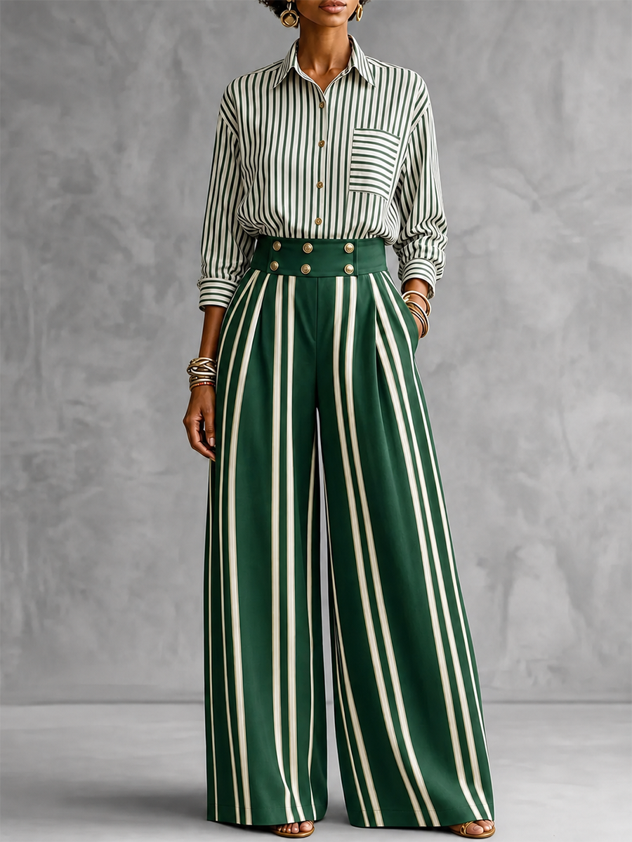 Striped Split-Joint Contrast Color Buttoned Three-quarter Sleeves Loose Lapel Blouses&shirts Tops