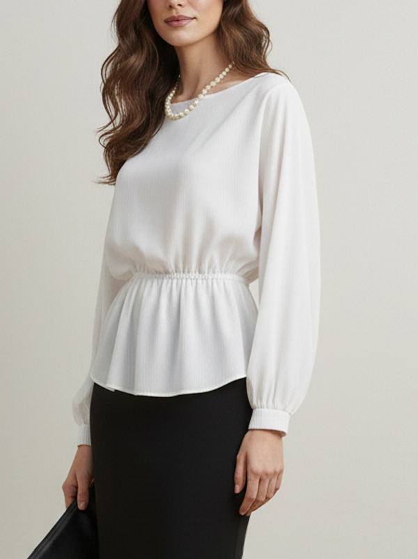 Long Sleeves Loose Elasticity Solid Color Round-Neck Blouses&Shirts Tops