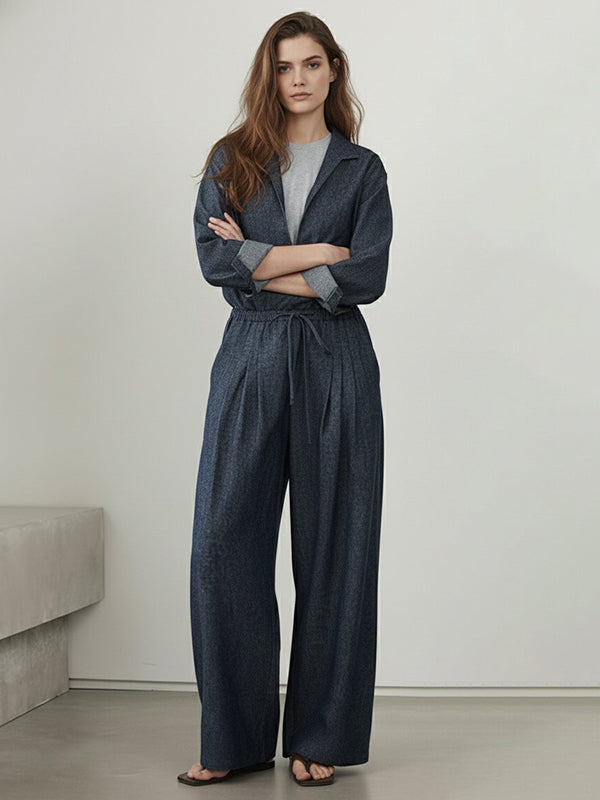 Loose Wide Leg Drawstring Pleated Pockets Solid Color Pants