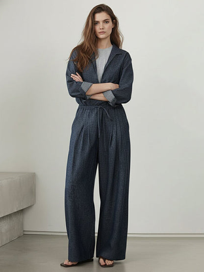 Loose Wide Leg Drawstring Pleated Pockets Solid Color Pants