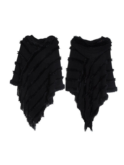 Hooded Keep Warm Solid Color Tasseled Cape Shawl&Cloak