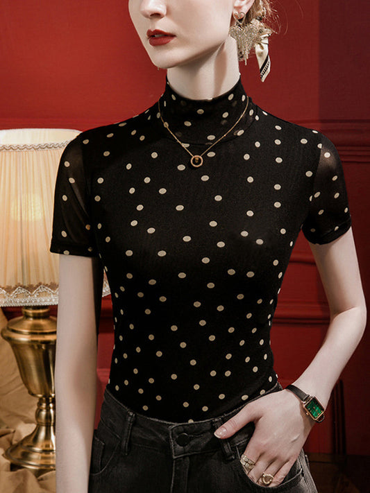 Polka-Dot Contrast Color Skinny Short Sleeves Mock Neck T-Shirts Tops