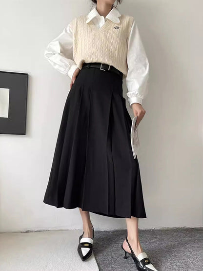 A-Line High Waisted Pleated Solid Color Split-Joint Skirts