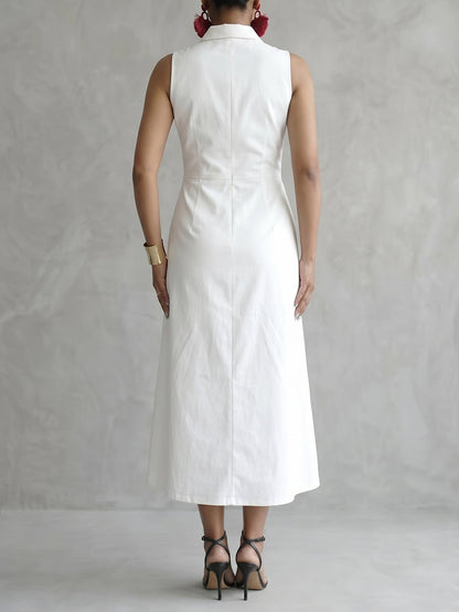 A-Line High Waisted Hollow Solid Color Split-Front Zipper Lapel Maxi Dresses