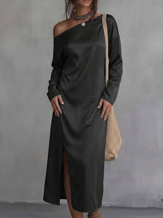 Solid Color Pockets Loose Long Sleeves One-Shoulder Midi Dresses