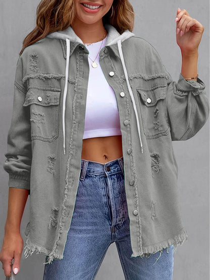 Split-Joint Pockets Fringed Buttoned Loose Long Sleeves Hooded Outerwear