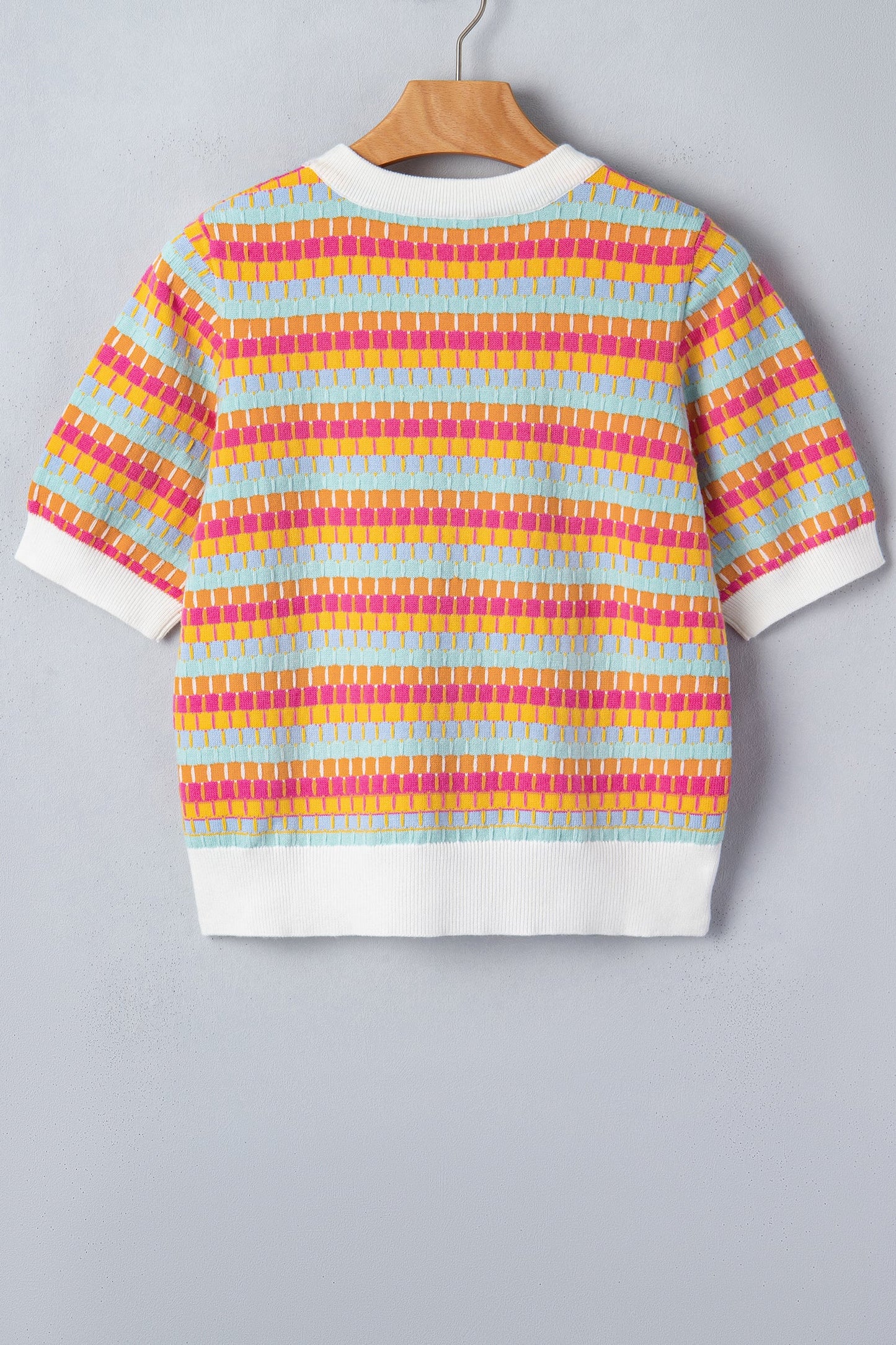 Rose Red Abstract Striped Knit Short Sleeve Sweater