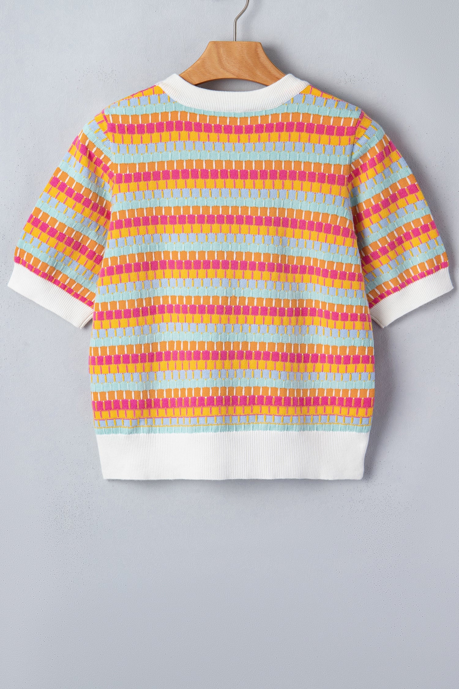 Rose Red Abstract Striped Knit Short Sleeve Sweater