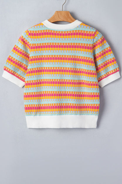 Rose Red Abstract Striped Knit Short Sleeve Sweater