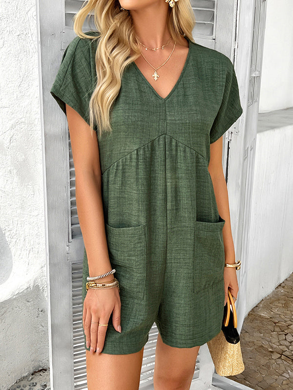 High Waisted Loose Backless Pockets Solid Color V-Neck Rompers