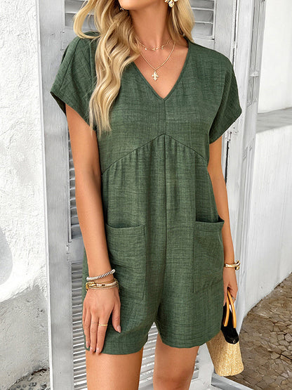 High Waisted Loose Backless Pockets Solid Color V-Neck Rompers