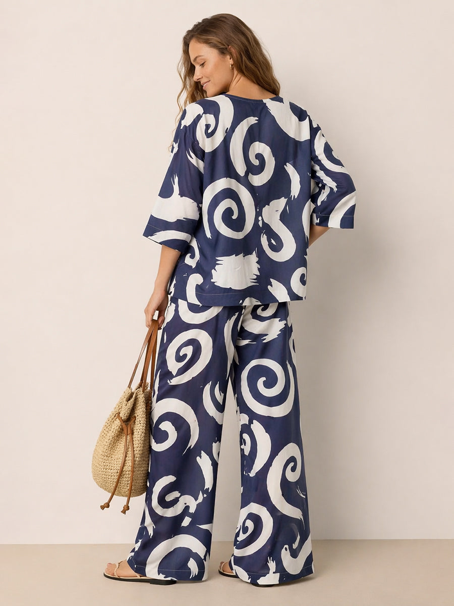 Printed Contrast Color Loose Three-Quarter Sleeve Round-Neck Blouses&Shirts Tops + Elasticity Wide Leg  Pockets Pants Bottoms Two Pieces Set