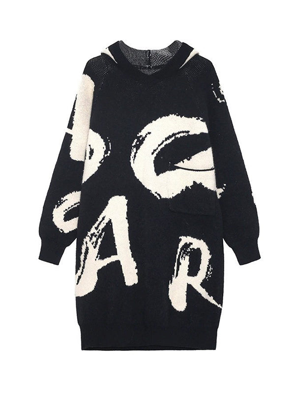 Long Sleeves Loose Knitted Letters Pockets Hooded Mini Dresses Sweater Dresses
