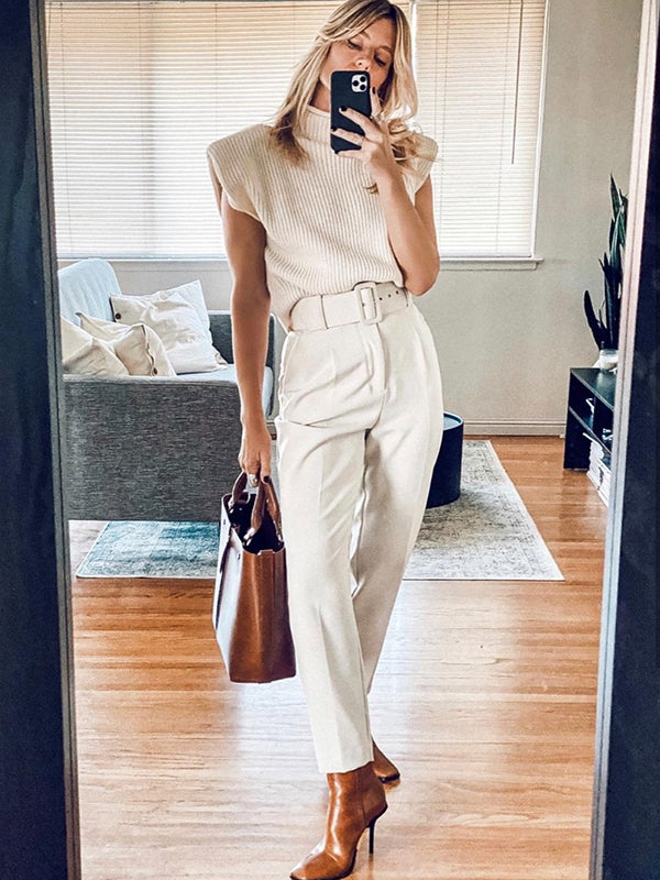 Casual Cap Sleeve Solid Color High-Neck Sweater Tops Pullovers