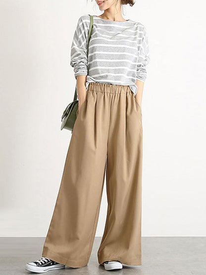 High Waisted Wide Leg Elasticity Solid Color Split-Joint Wide Side Pants Trousers