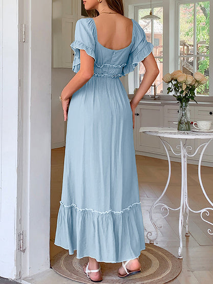 A-Line High Waisted Pleated Ruffle Trim Split-Joint Zipper Square-Neck Midi Dresses