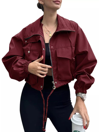 Crop Drawstring Hem Zip Up Jacket