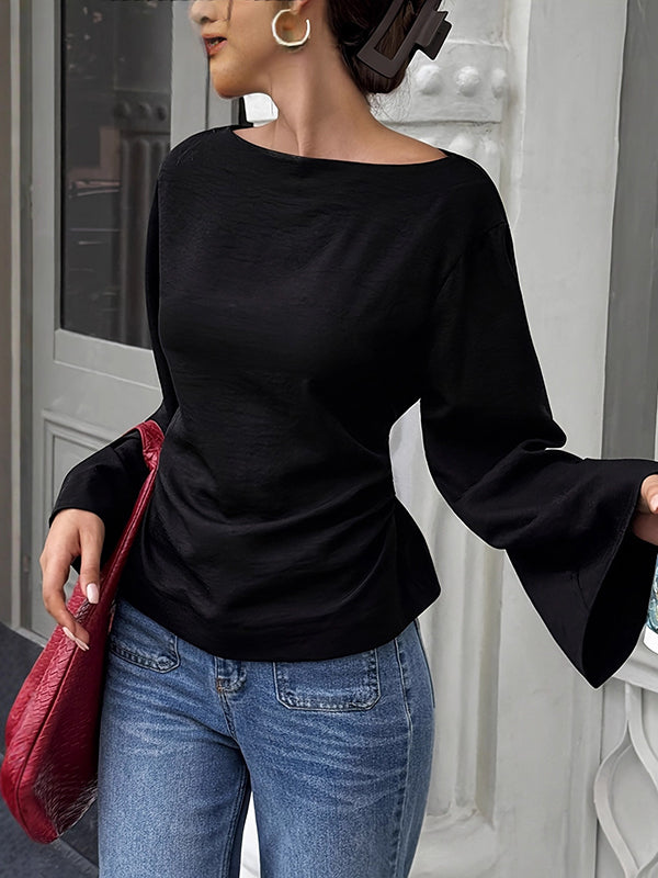 Elasticated Waist Flared Sleeves Solid Color Split-Joint Tied Waist Round-Neck T-Shirts Tops