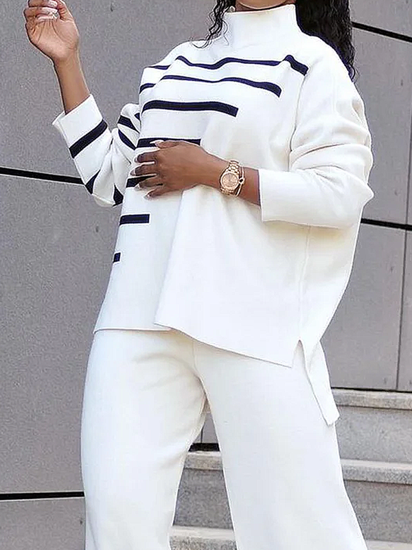 High-Low Long Sleeves Contrast Color Split-Side High Neck Pullovers Sweater Tops