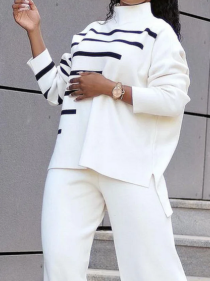 High-Low Long Sleeves Contrast Color Split-Side High Neck Pullovers Sweater Tops