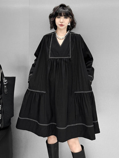 A-Line Long Sleeves Comfort Contrast Color Pleated V-Neck Mini Dresses