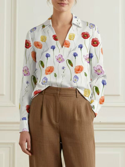 Long Sleeves Flower Print V-Neck Blouses&Shirts Tops