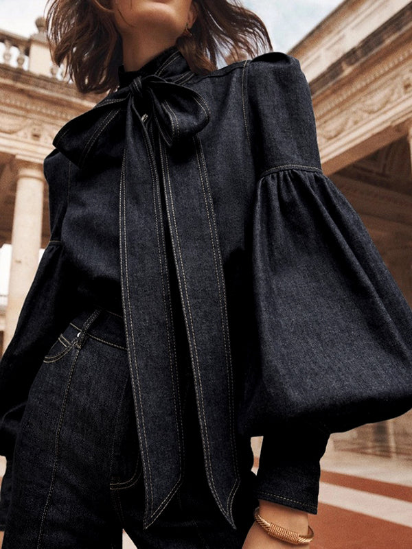 Tied Split-Joint Buttoned Bow-Embellished Puff Sleeves Long Sleeves High Neck Blouses&shirts Tops