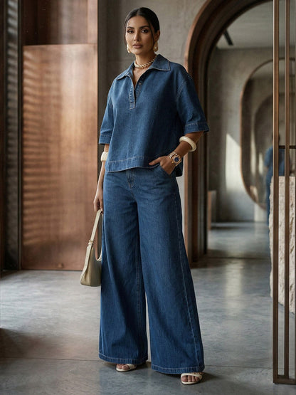 Half Sleeves Loose Buttoned Solid Color Split-Joint Lapel Blouses&shirts Tops
