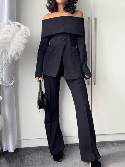 Long Sleeves Solid Color Split-Front Split-Joint Off-The-Shoulder Blazer