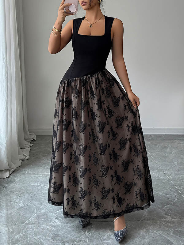 High Waisted Sleeveless Contrast Color Flower Print Split-Joint Zipper Square-Neck Maxi Dresses