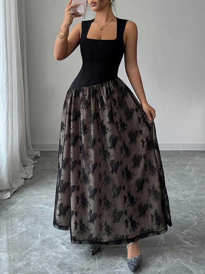 High Waisted Sleeveless Contrast Color Flower Print Split-Joint Zipper Square-Neck Maxi Dresses
