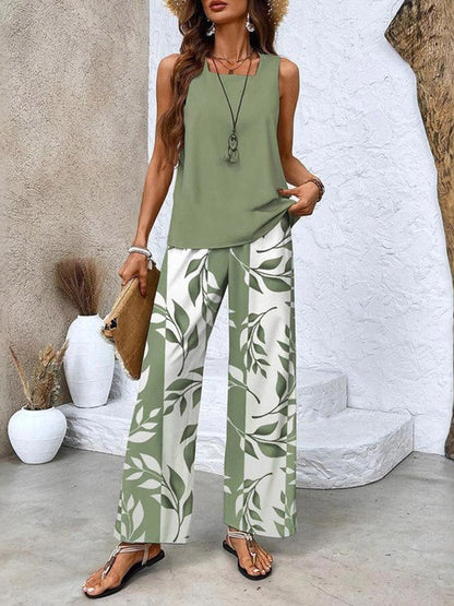 Loose Solid Color Square-Neck Tank Top + Contrast Color Leaves Print Pockets High Waisted Trousers Pants Two Pieces Set