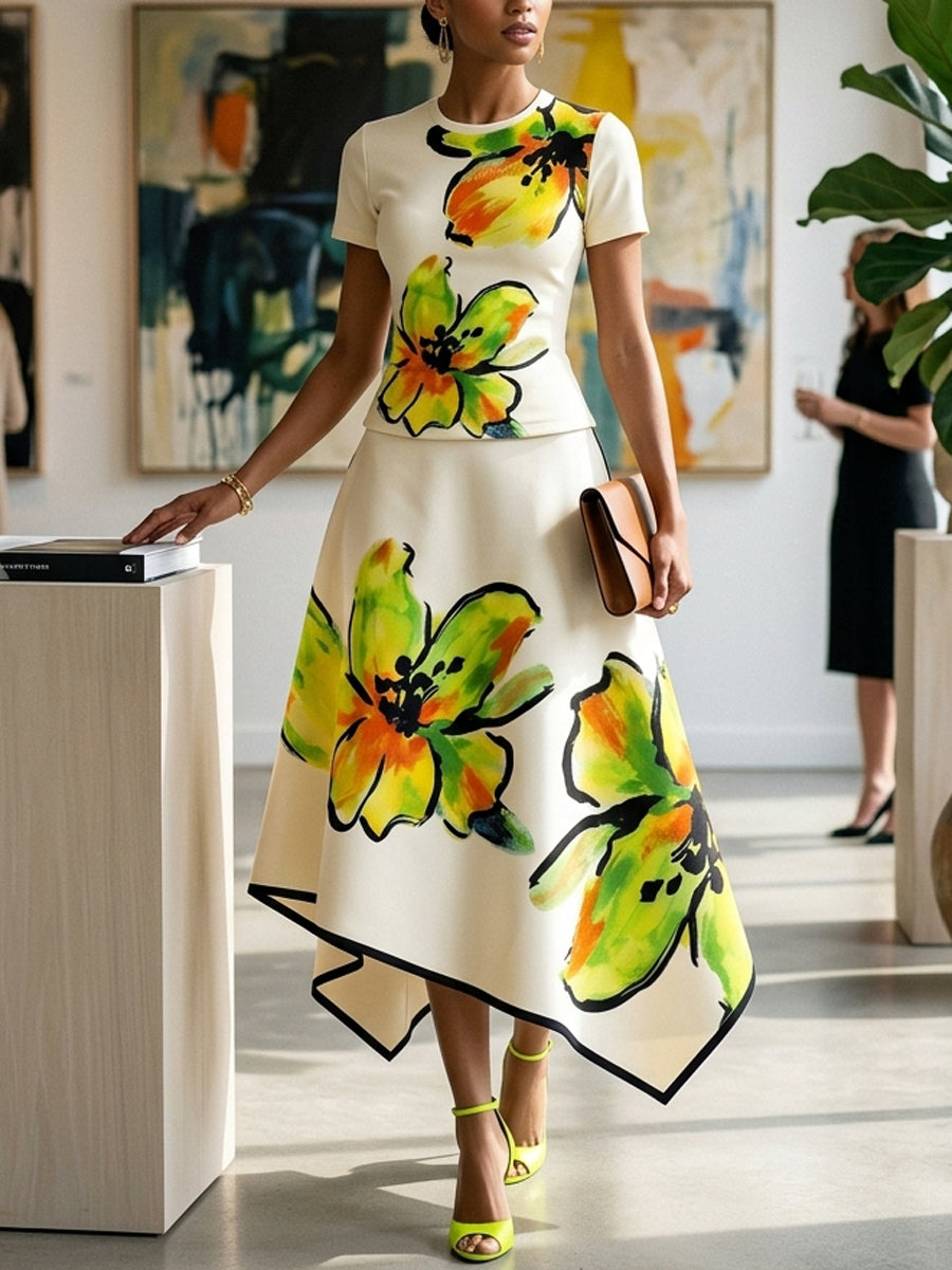 A-Line High Waisted Flower Print Pockets Skirts Bottoms