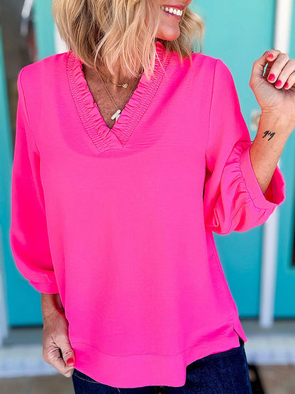 Long Sleeves Loose Pleated Solid Color V-Neck Blouses&Shirts Tops