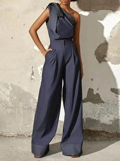 Pantalon en jean taille haute ample plissé à fentes 