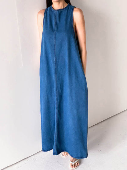 A-Line Loose Pockets Solid Color Tied Round-Neck Maxi Dresses