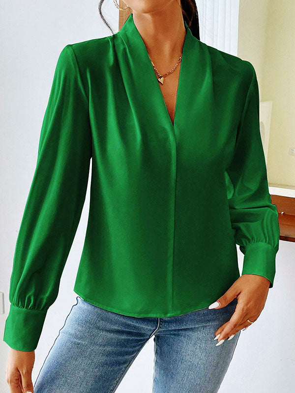 Long Sleeves Loose Pleated Solid Color Split-Joint V-Neck Blouses&Shirts Tops GREEN