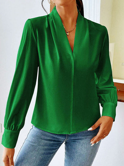 Long Sleeves Loose Pleated Solid Color Split-Joint V-Neck Blouses&Shirts Tops GREEN