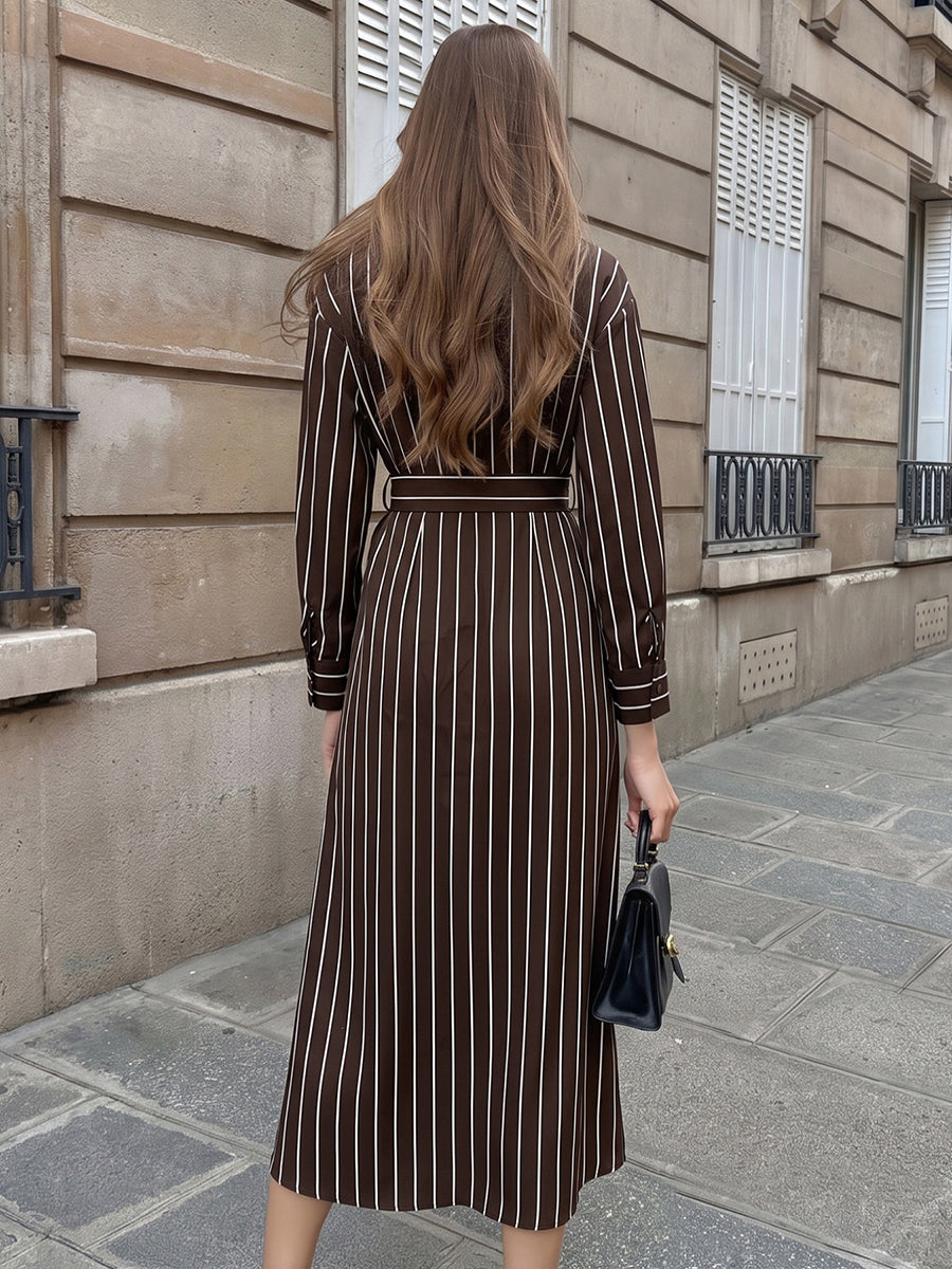 Striped Split-front Buttoned Belted Three-quarter Sleeves High Waisted Lapel Shirt Dress Maxi Dresses