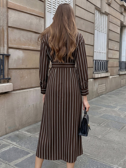 Striped Split-front Buttoned Belted Three-quarter Sleeves High Waisted Lapel Shirt Dress Maxi Dresses