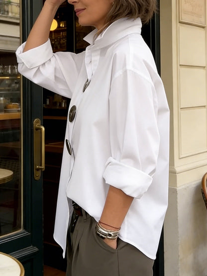 Long Sleeves Loose Buttoned Solid Color Split-Joint Lapel Blouses&Shirts Tops