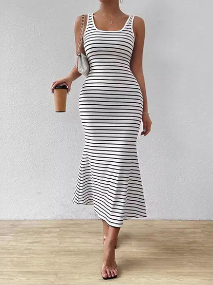 Bodycon Sleeveless Split-Joint Striped U-Neck Midi Dresses