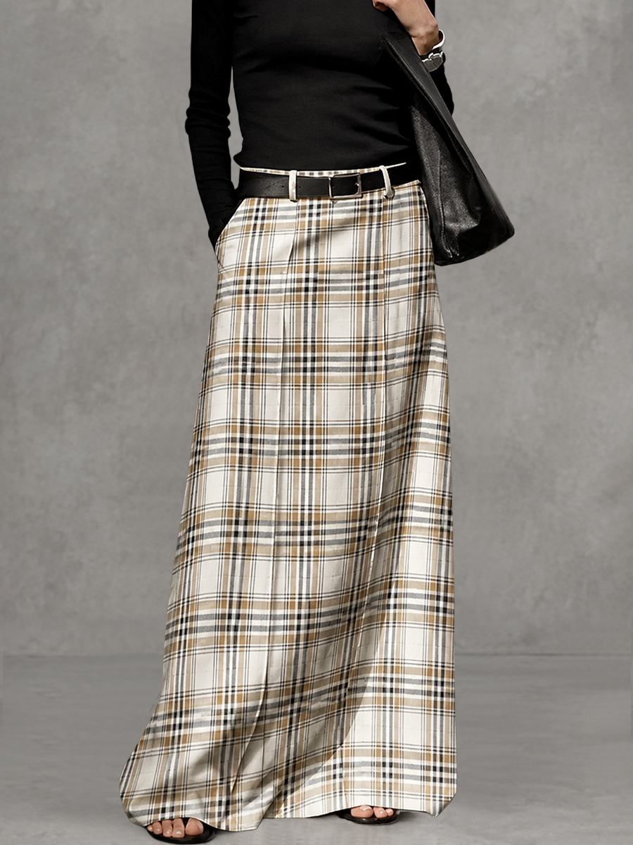 Pockets Plaid No Belt High Waisted Skirts (No Belt)