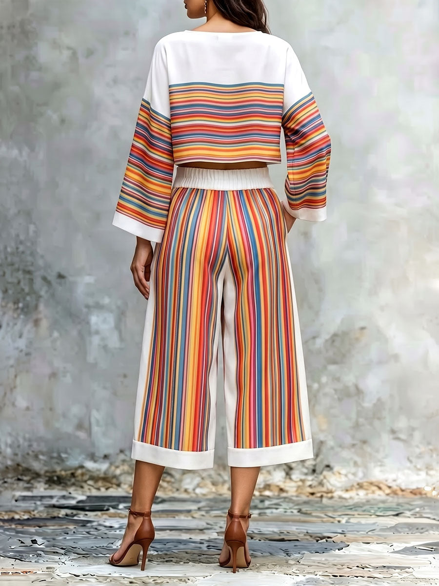 Striped Pockets Colorful Wide Leg Loose Cropped Trousers