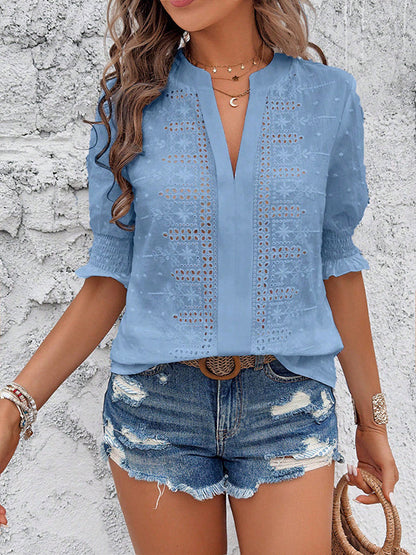 Half Sleeves Loose Elasticity Embroidered Hollow Solid Color V-Neck Blouses&Shirts Tops