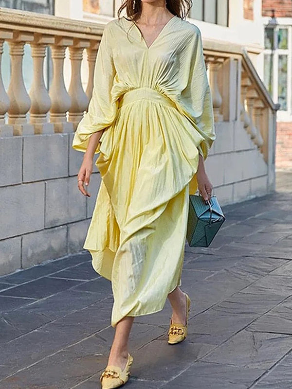 Long Sleeves Loose Backless Solid Color V-Neck Midi Dresses