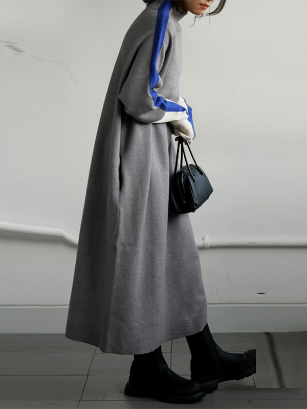 Long Sleeves Loose Contrast Color Stand Collar Maxi Dresses