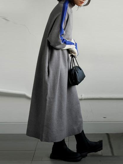 Long Sleeves Loose Contrast Color Stand Collar Maxi Dresses